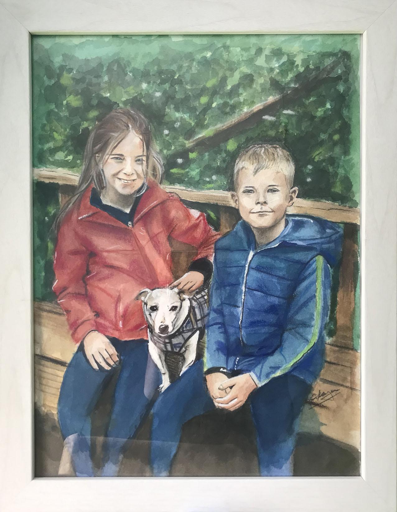 painted portrait of kids with a dog
