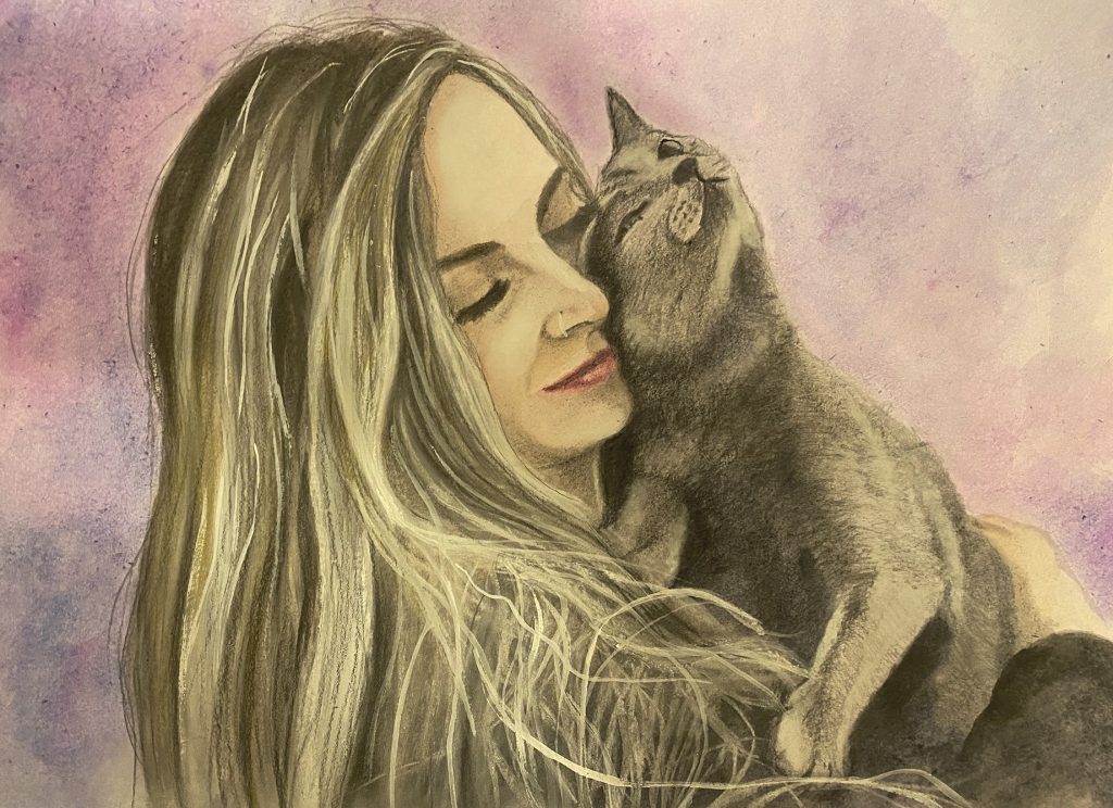 Watercolour portrait of a woman and her pet cat